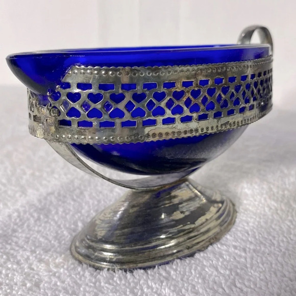 Vintage Silver Tone Pedestal Cobalt  Blue Glass Royal Sapphire Cream & Sugar Set - Picture 7 of 16